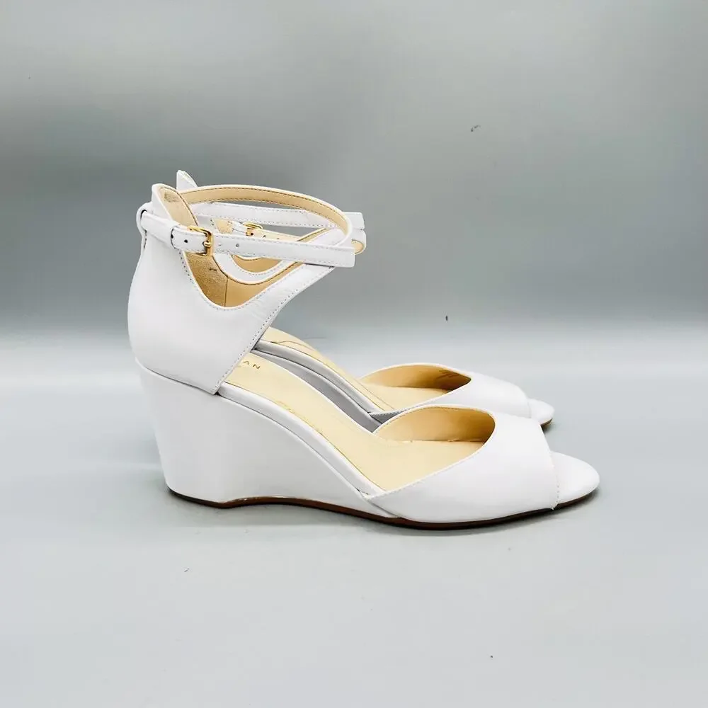 Cole Haan Sandals Womens 8.5 White Leather Grand 360 Strappy Ankle Wedge Shoes